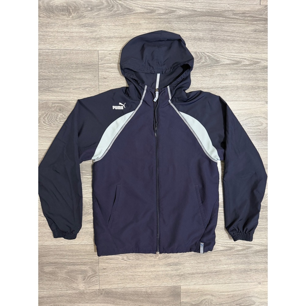 Puma‎ Mens Navy Blue Hooded Windbreaker S Jacket Mesh Lined Full Zip Logo Y2K